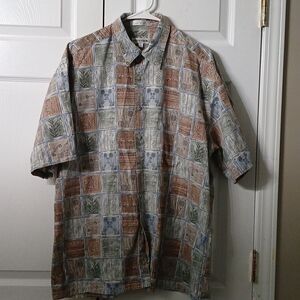Pierre Cardin blue brown seafoam green print  button down casual vacation shirt